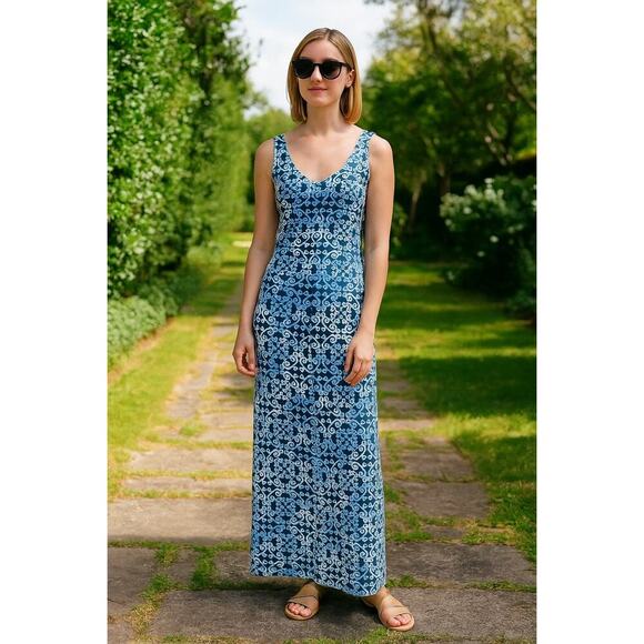 J. McLaughlin Maxi Dress Catalina Cloth Blue Geometric Print Stretch S Coastal - Picture 4 of 10